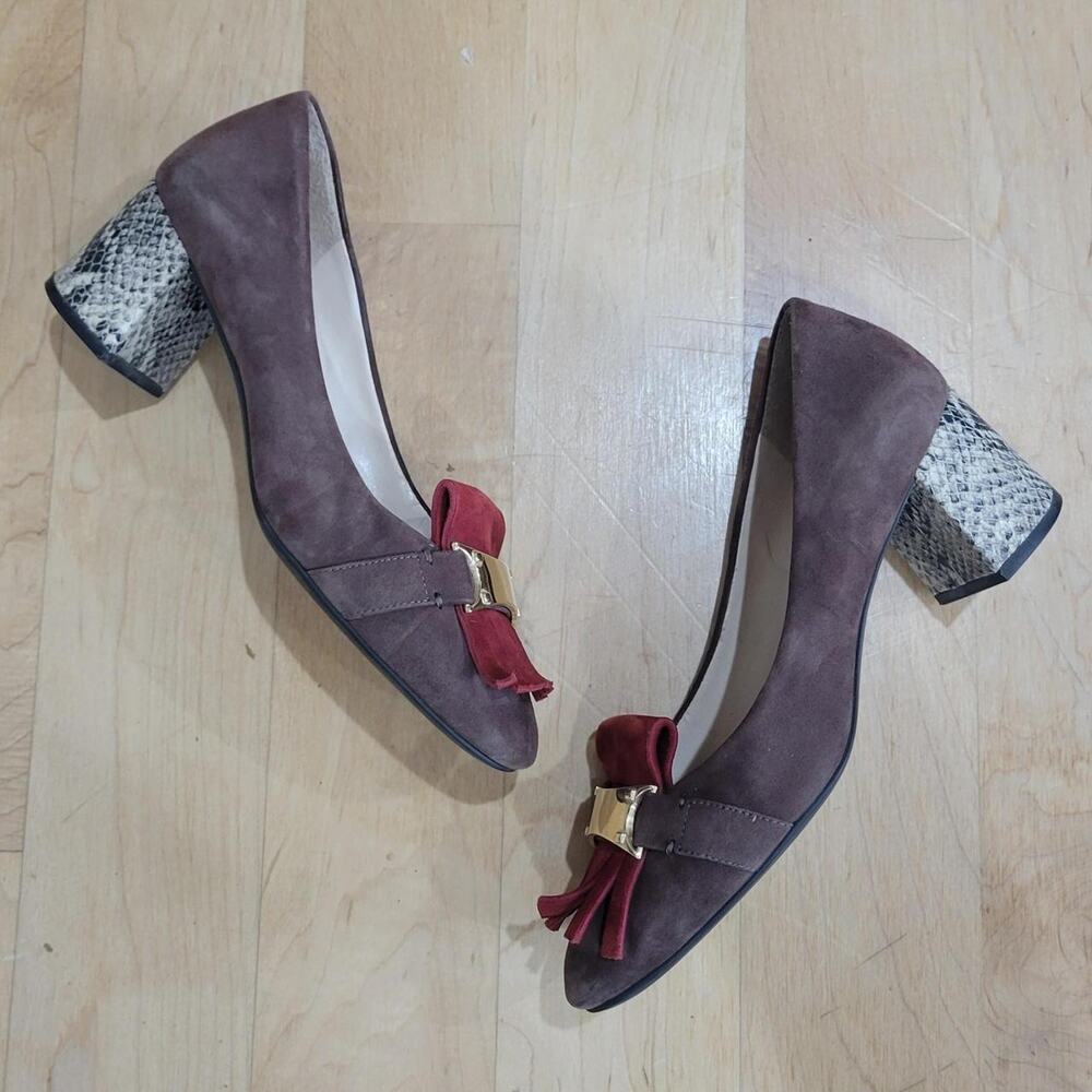 Cole Haan Margarite Chunky High Heel Brown, Red and Snake Print Suede Loafer